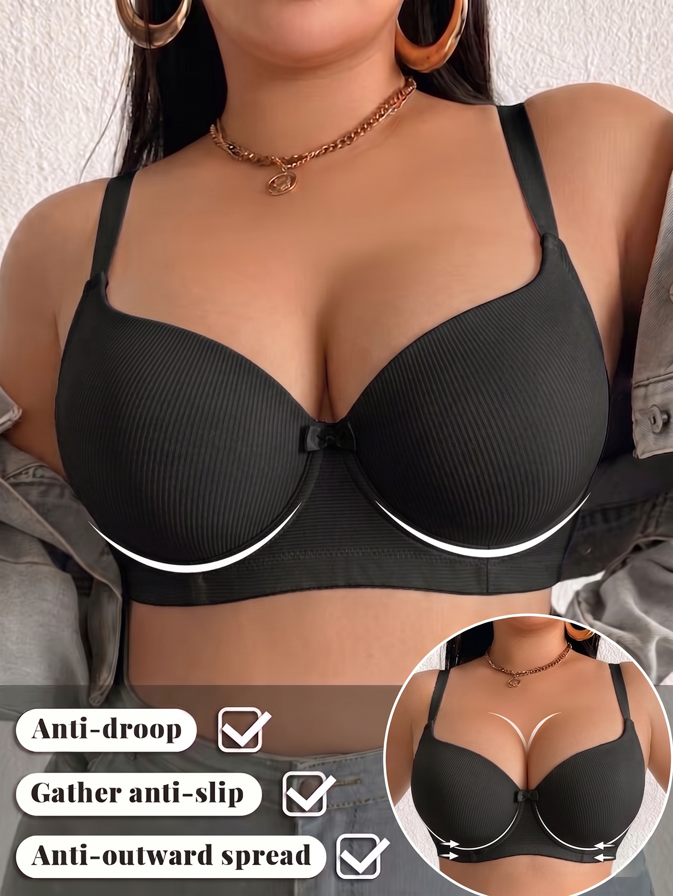 Plus Size Ribbed Women Bra Thi - Push Up Bra Padded のレビューと価格