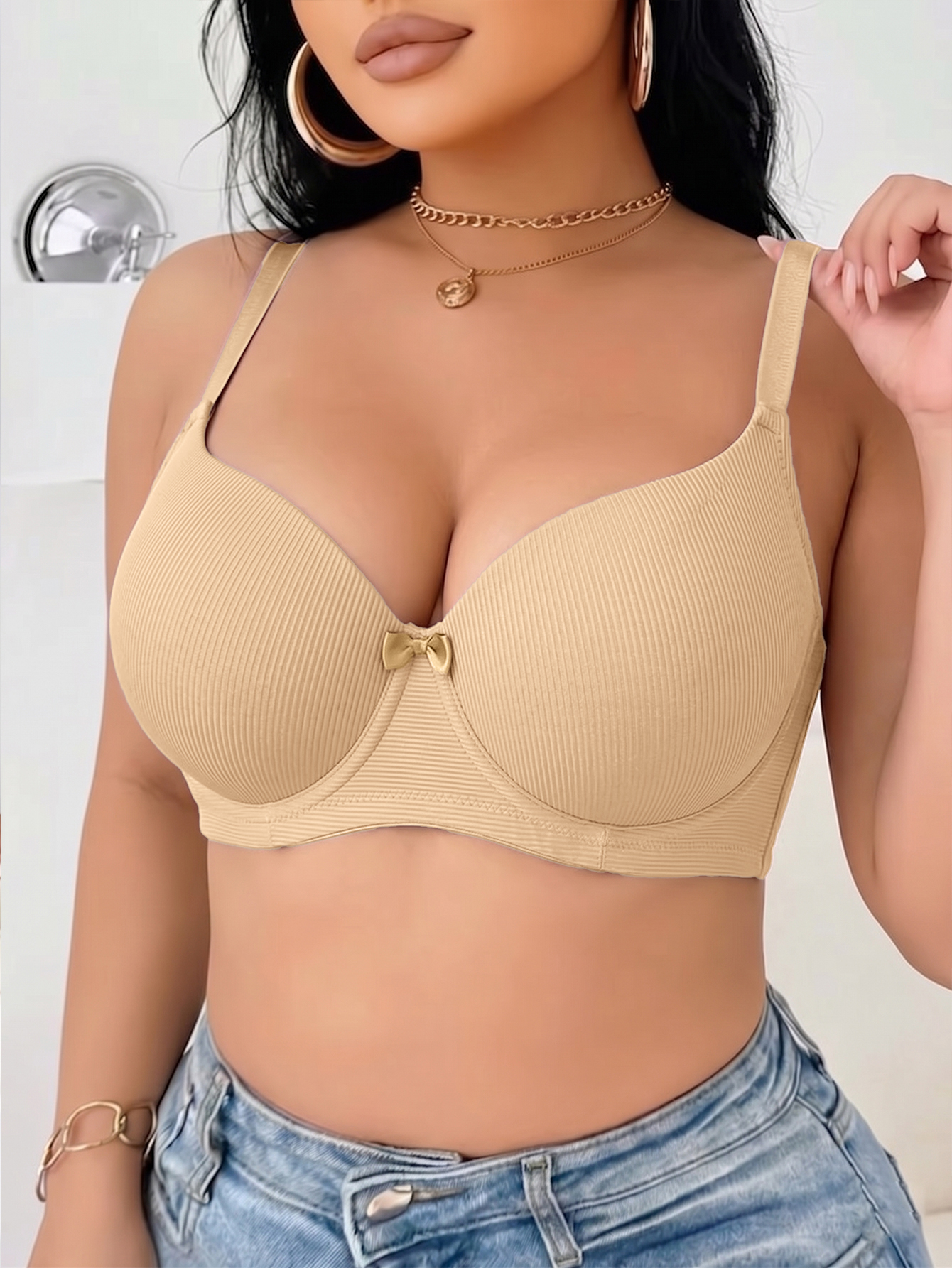 Plus Size Ribbed Women Bra Thi - Push Up Bra Padded のレビューと価格