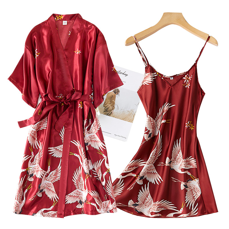 Burgundy Women 2PCS Faux Silk  - Robe Silk Women のレビューと価格